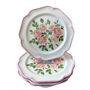 Laura Ashley Pink Rose Floral Melamine Salad Plates 8.5" Scalloped Set of 4 NEW